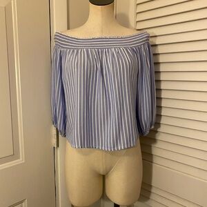Abercrombie & Fitch Striped Off-Shoulder Blouse in Blue and White- Size Medium